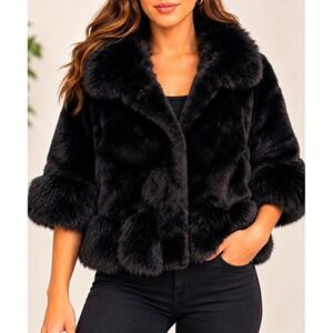 Fashionable Black Faux Fur Jacket with Collar Quilted Lining Womens Coat